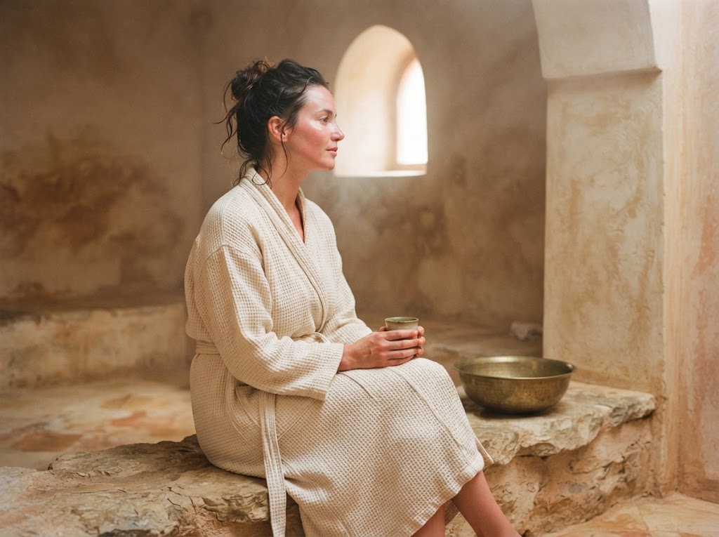 Femme en peignoir nid d'abeille assise sur un banc de pierre dans une salle de repos de hammam, un verre de thé entre les mains Image