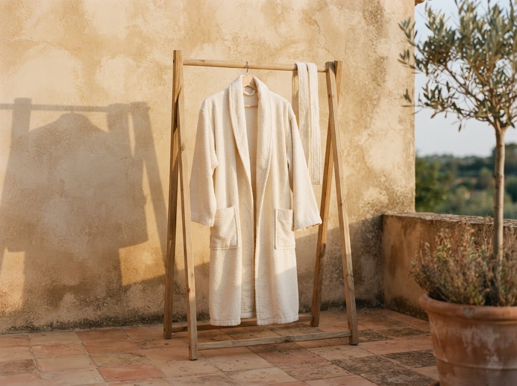 Peignoir en éponge crème qui sèche sur un portant en bois, sur une terrasse en tomettes au soleil du soir Image
