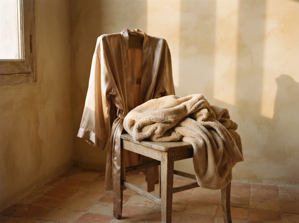 Peignoir en satin champagne posé sur une chaise en bois et peignoir polaire plié sur l'assise, dans la lumière d'une fenêtre Image