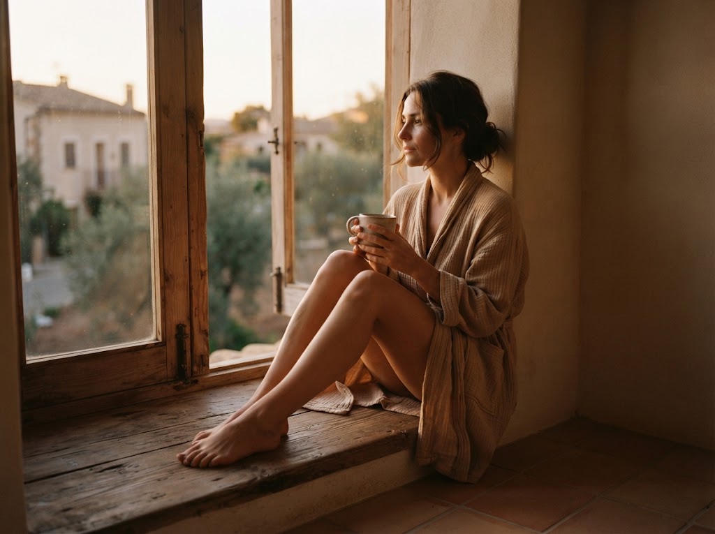 Femme en peignoir de gaze assise sur le rebord d'une fenêtre au crépuscule, une tasse entre les mains Image