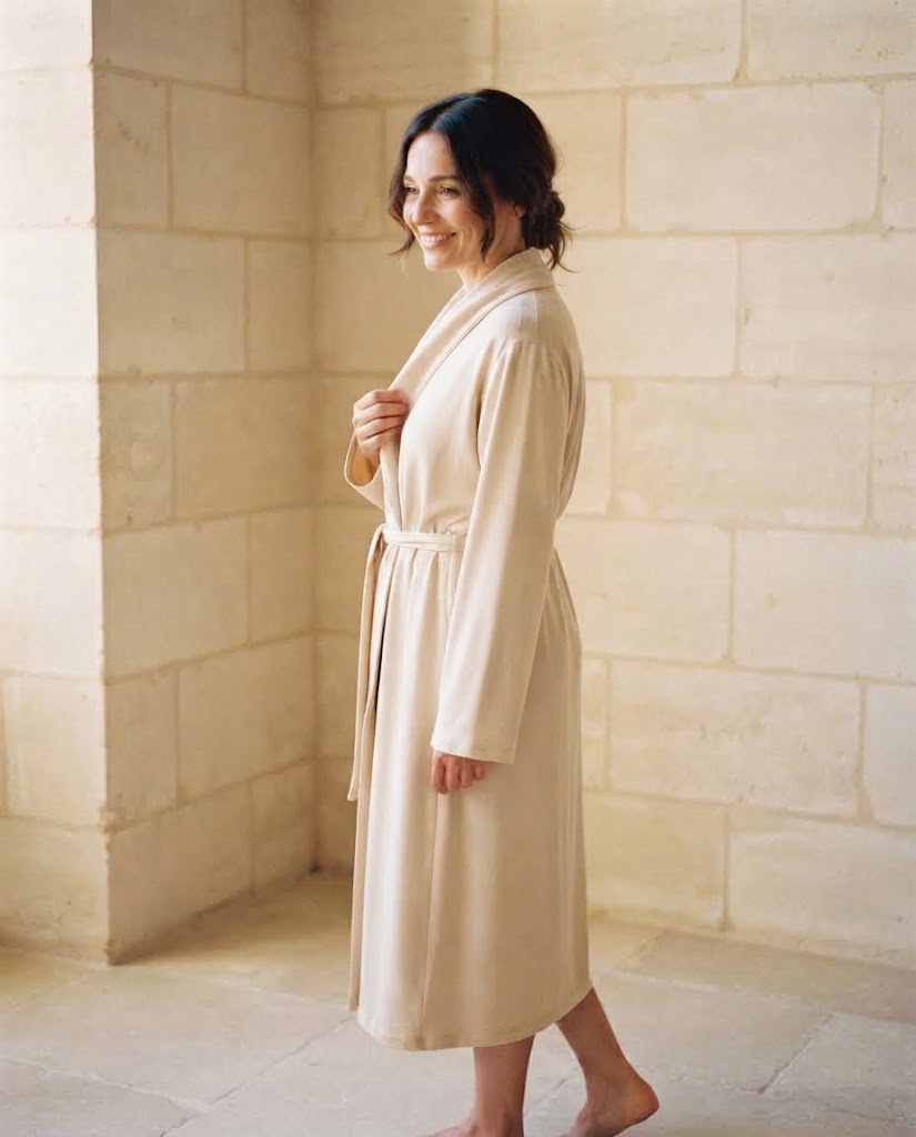 Femme souriante en peignoir écru à col châle, pieds nus, mur en pierre claire, peignoir femme Heure Sauvage Image