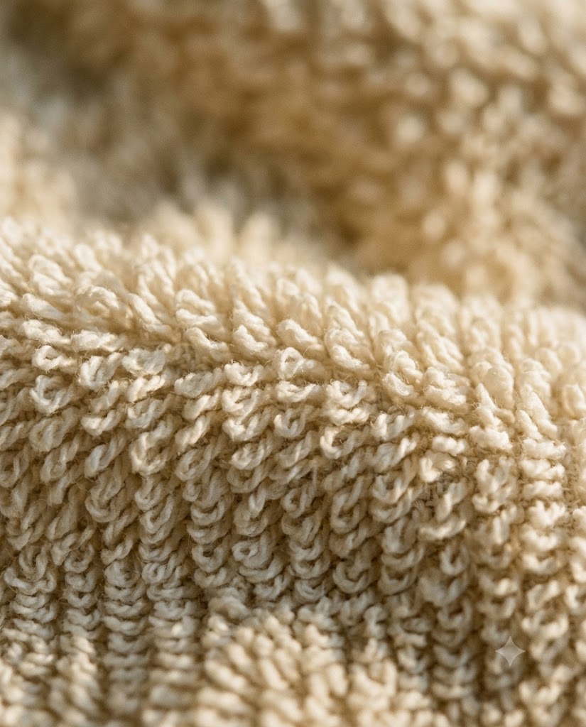 Gros plan tissage éponge coton, boucles bouclette, peignoir femme Heure Sauvage, lumière du soir Image