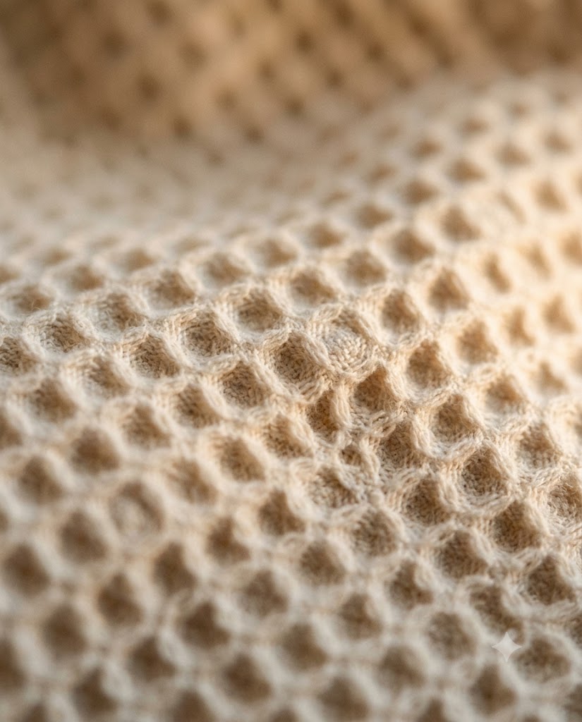Gros plan tissage nid d'abeille coton, alvéoles en relief, peignoir femme Heure Sauvage, lumière chaude du soir Image