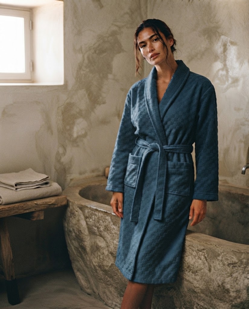 Femme debout en peignoir long éponge de coton bleu canard Heure Sauvage, salle de bain en pierre, lumière de fenêtre