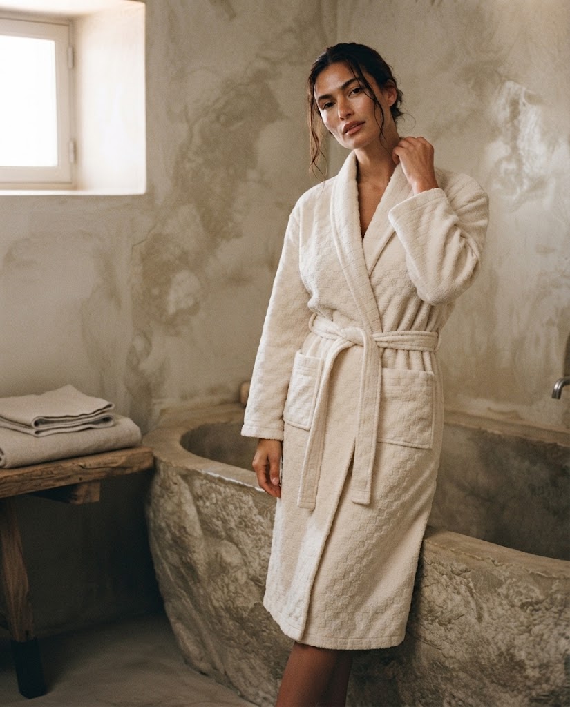 Femme debout en peignoir long éponge de coton écru Heure Sauvage, salle de bain en pierre, lumière de fenêtre