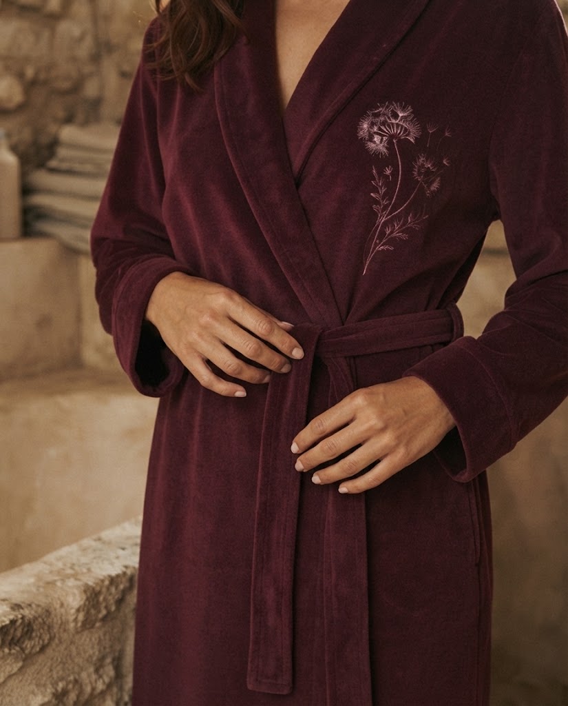 Détail de la broderie de pissenlit et de la ceinture nouée sur le velours de coton violet prune, peignoir femme Heure Sauvage