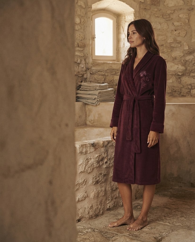 Femme pieds nus en peignoir en velours de coton violet prune, longueur sous le genou, salle de bain en pierre, Heure Sauvage