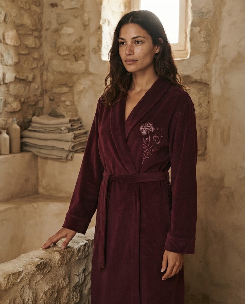 Femme debout en peignoir long en velours de coton violet prune, broderie de pissenlit sur la poitrine, salle de bain en pierre naturelle, Heure Sauvage