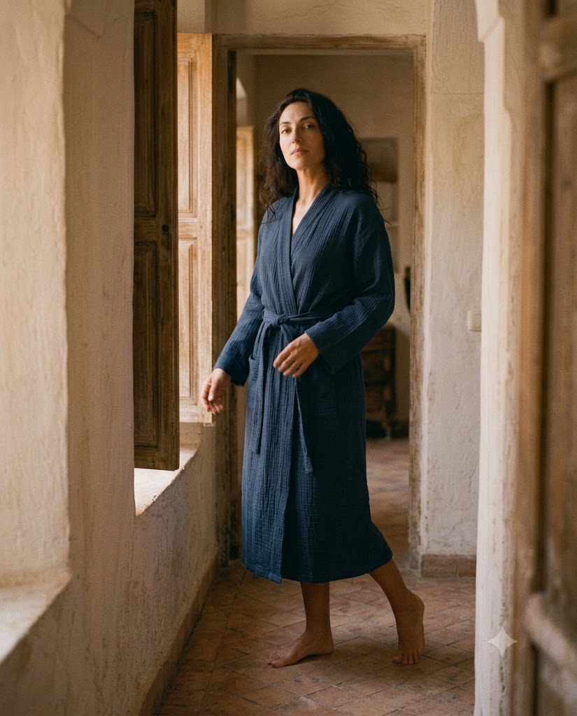 Femme en peignoir long en gaze de coton bleu marine, coupe kimono oversize, couloir en terre cuite