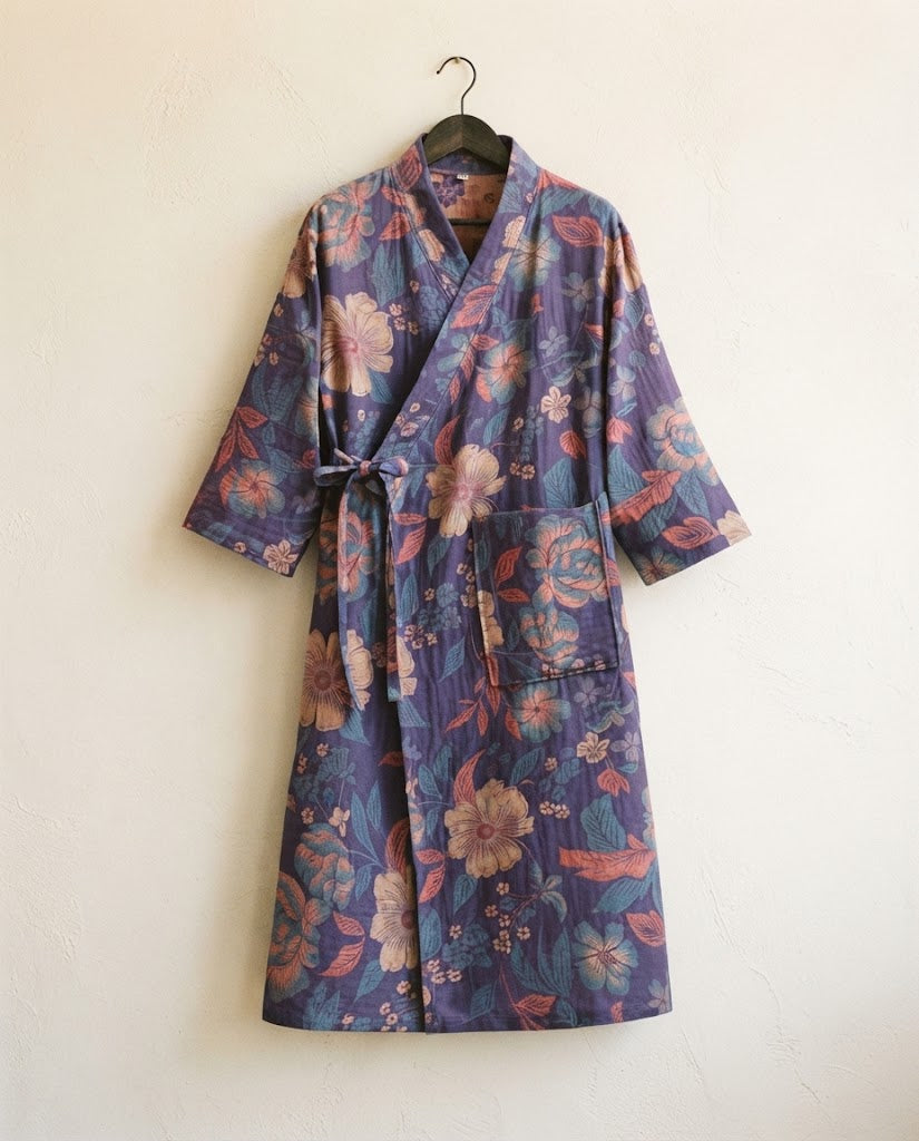 Peignoir femme en gaze de coton imprimé fleuri violet iris sur cintre Image