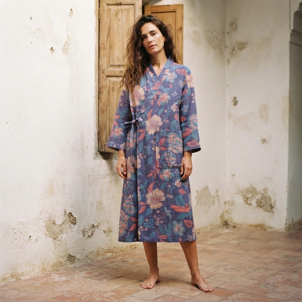 Femme en peignoir long en gaze de coton imprimé fleuri violet, lien noué sur le côté
