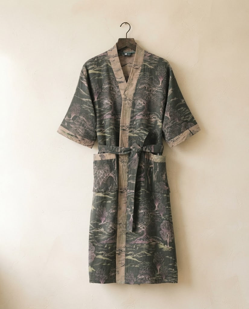 Peignoir kimono femme en gaze de coton imprimé gris anthracite sur cintre