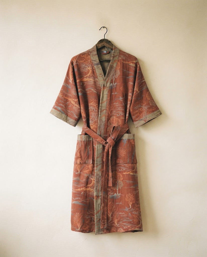 Peignoir kimono femme en gaze de coton imprimé terracotta sur cintre