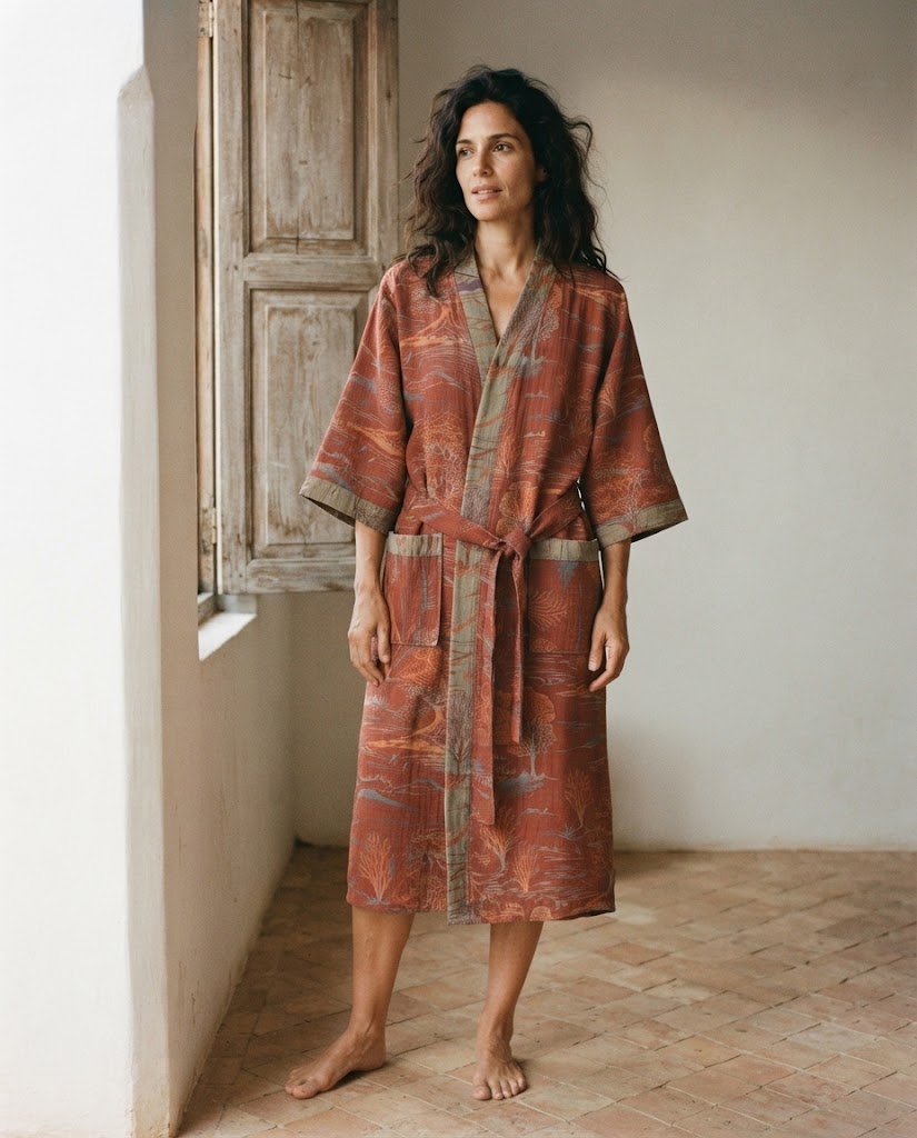 Femme en peignoir kimono en gaze de coton imprimé terracotta, ceinture nouée