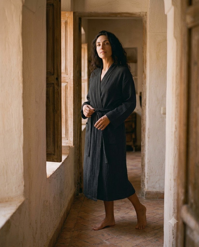 Femme en peignoir long en gaze de coton noir, col croisé et ceinture à nouer, intérieur aux murs chaulés