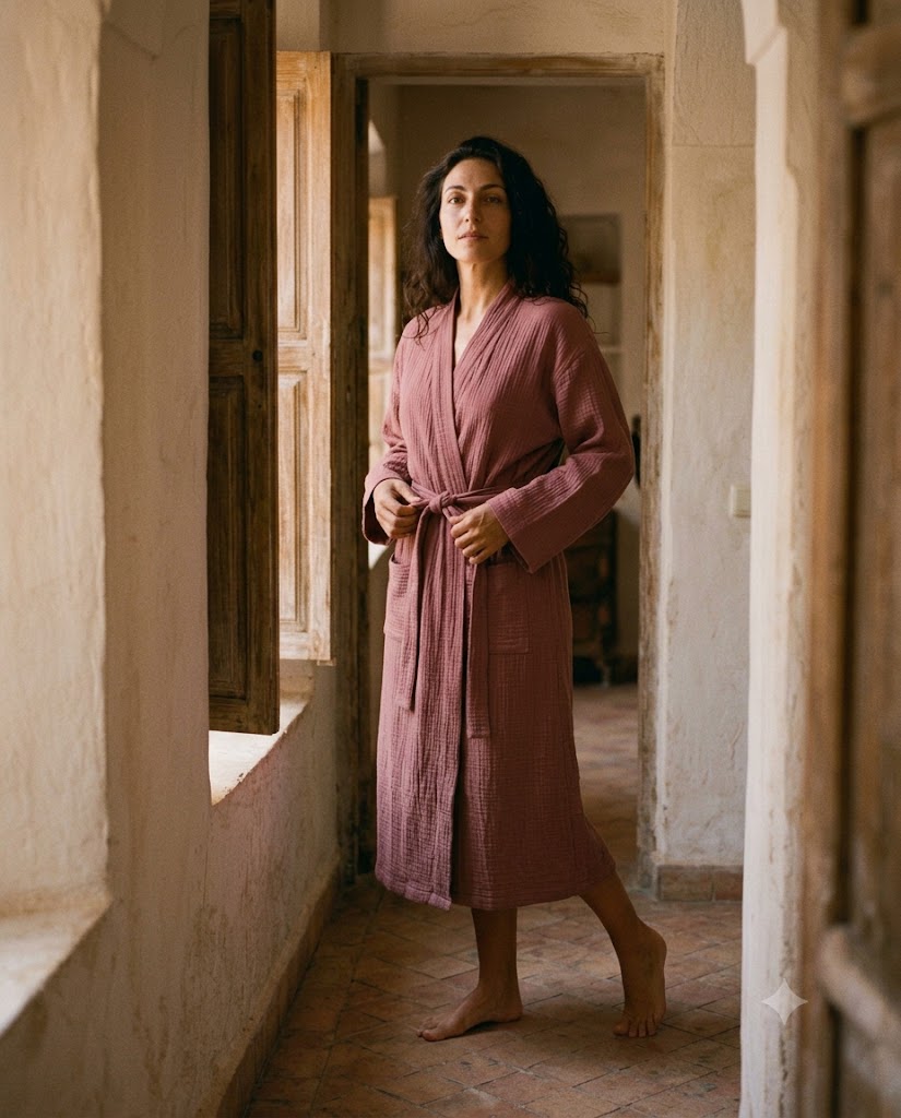 Femme en peignoir long en gaze de coton rose bruyère dans un couloir aux murs chaulés