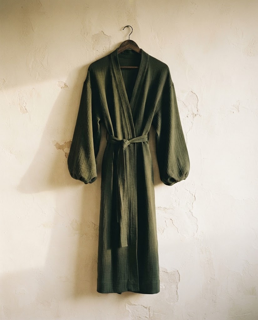Peignoir femme long en gaze de coton vert fougère sur cintre