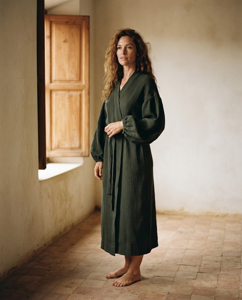 Femme en peignoir long en gaze de coton vert fougère, manches ballon, ceinture nouée