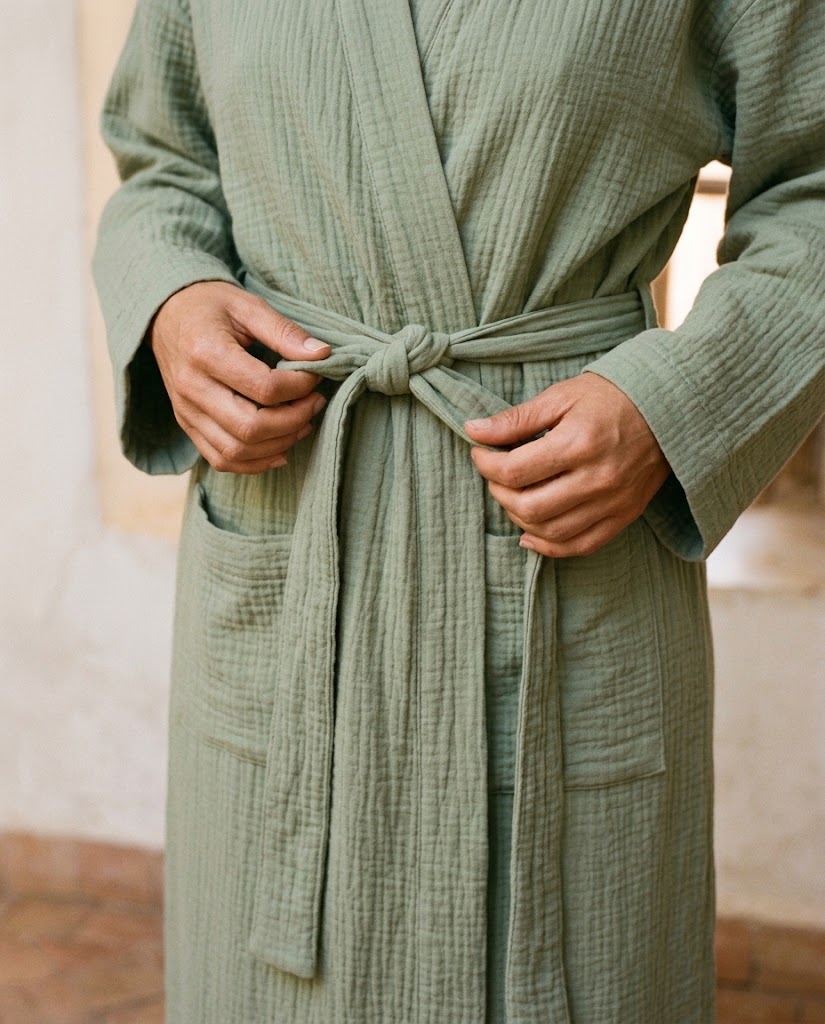 Gros plan sur la ceinture nouée et les poches plaquées d'un peignoir femme en gaze de coton vert sauge froissée