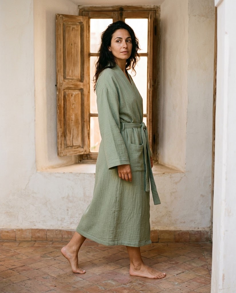 Femme marchant pieds nus en peignoir long en gaze de coton vert sauge devant une fenêtre à volets en bois