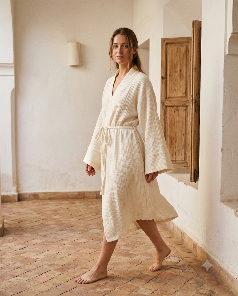 Femme portant un peignoir long en gaze de coton écru, coupe kimono à manches amples, dans un intérieur aux murs chaulés