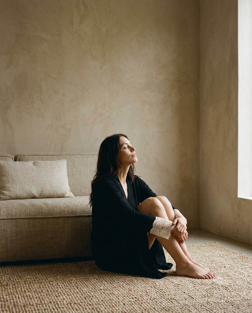 Femme en peignoir long en maille noire à dentelle, assise au sol dans un intérieur en enduit à la chaux