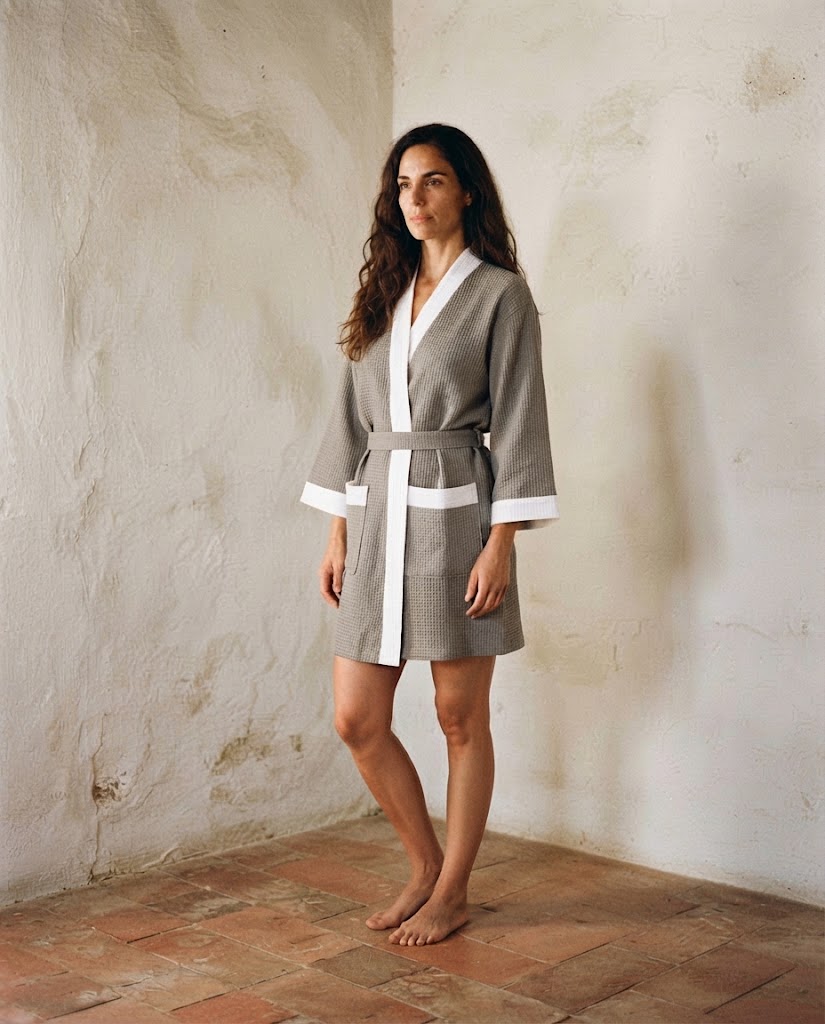 Femme en peignoir court en nid d'abeille gris brume à parement blanc, ceinture nouée