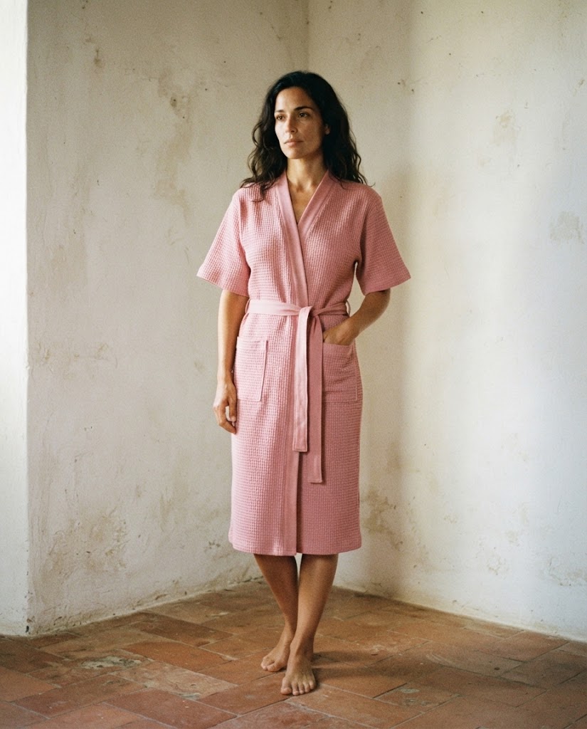 Femme en peignoir court en nid d'abeille rose poudre à manches courtes, ceinture nouée
