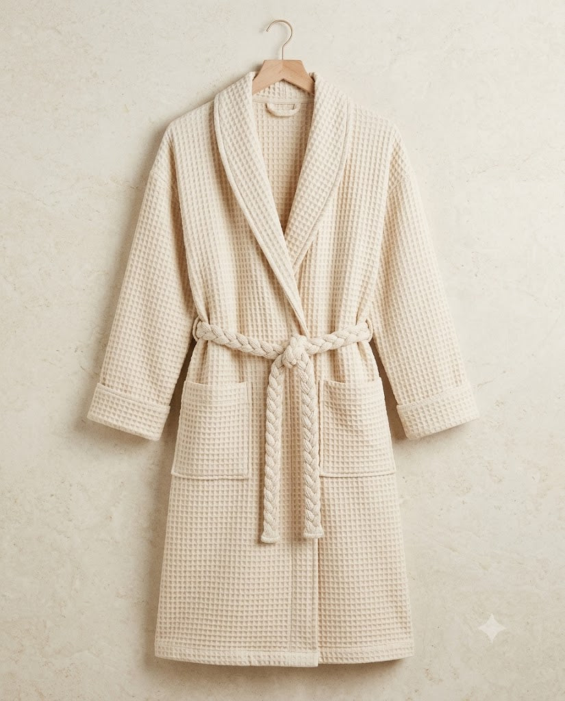 Peignoir femme nid d'abeille coton beige avoine, col châle, deux poches passepoilées, vue de face