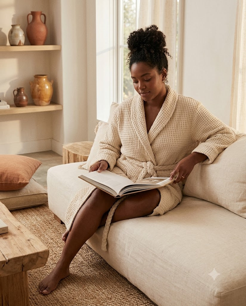 Femme en peignoir nid d'abeille coton beige avoine, assise à lire, intérieur méditerranéen lumière du soir