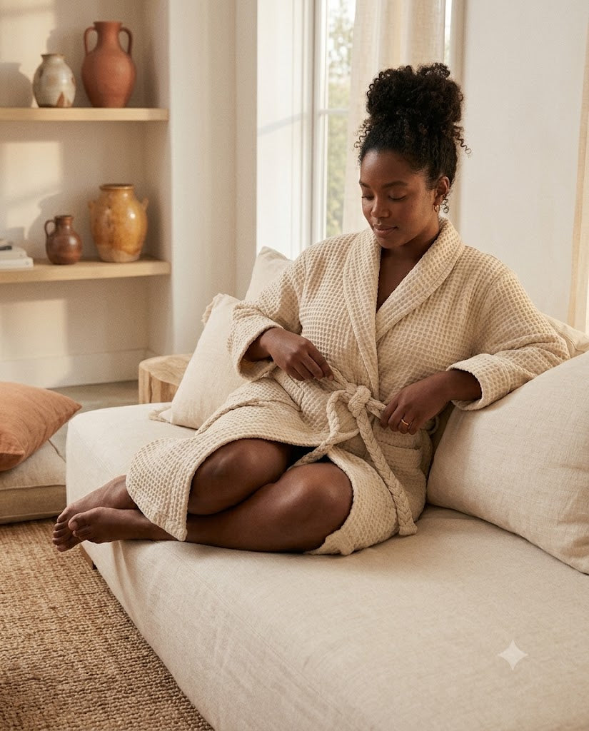 Femme nouant la ceinture tressée de son peignoir nid d'abeille coton beige avoine, lumière naturelle