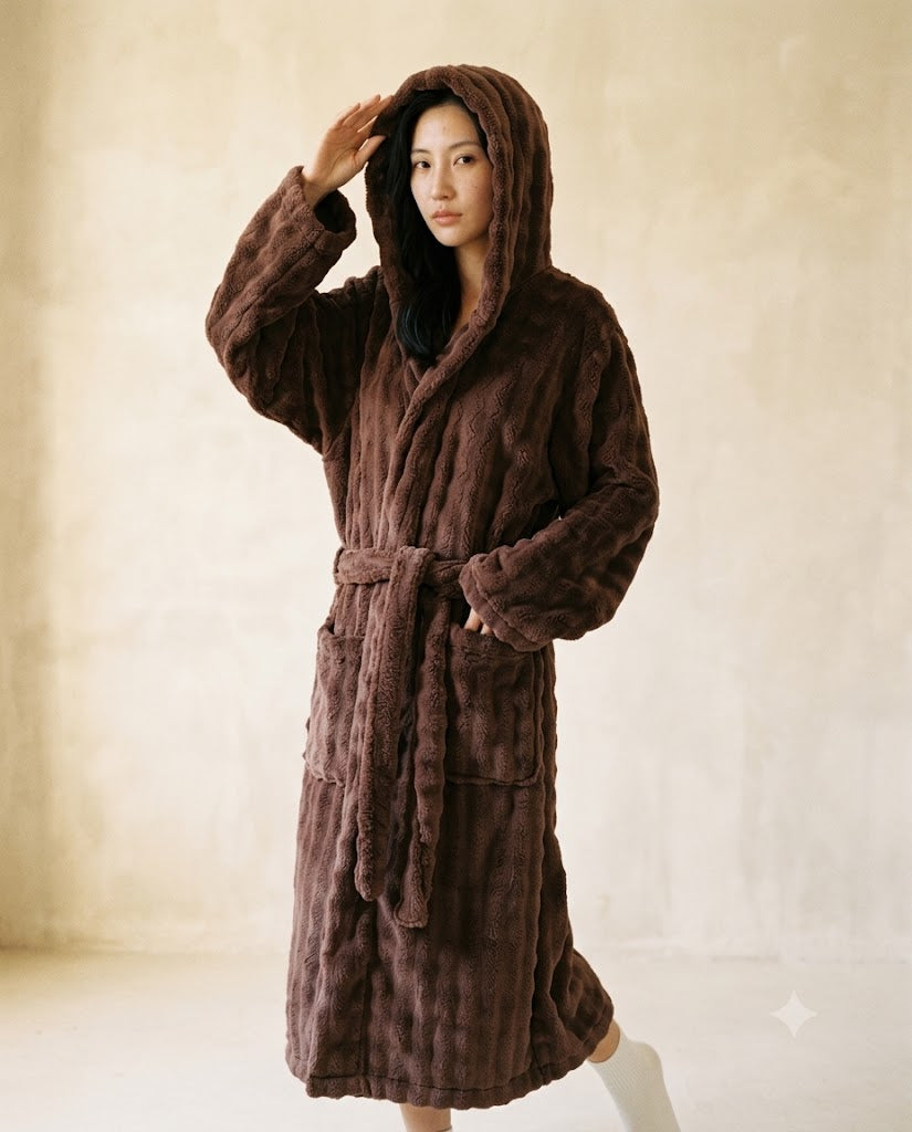 Femme capuche relevée en peignoir long polaire brun cacao, relief du tissu visible, peignoir femme Heure Sauvage
