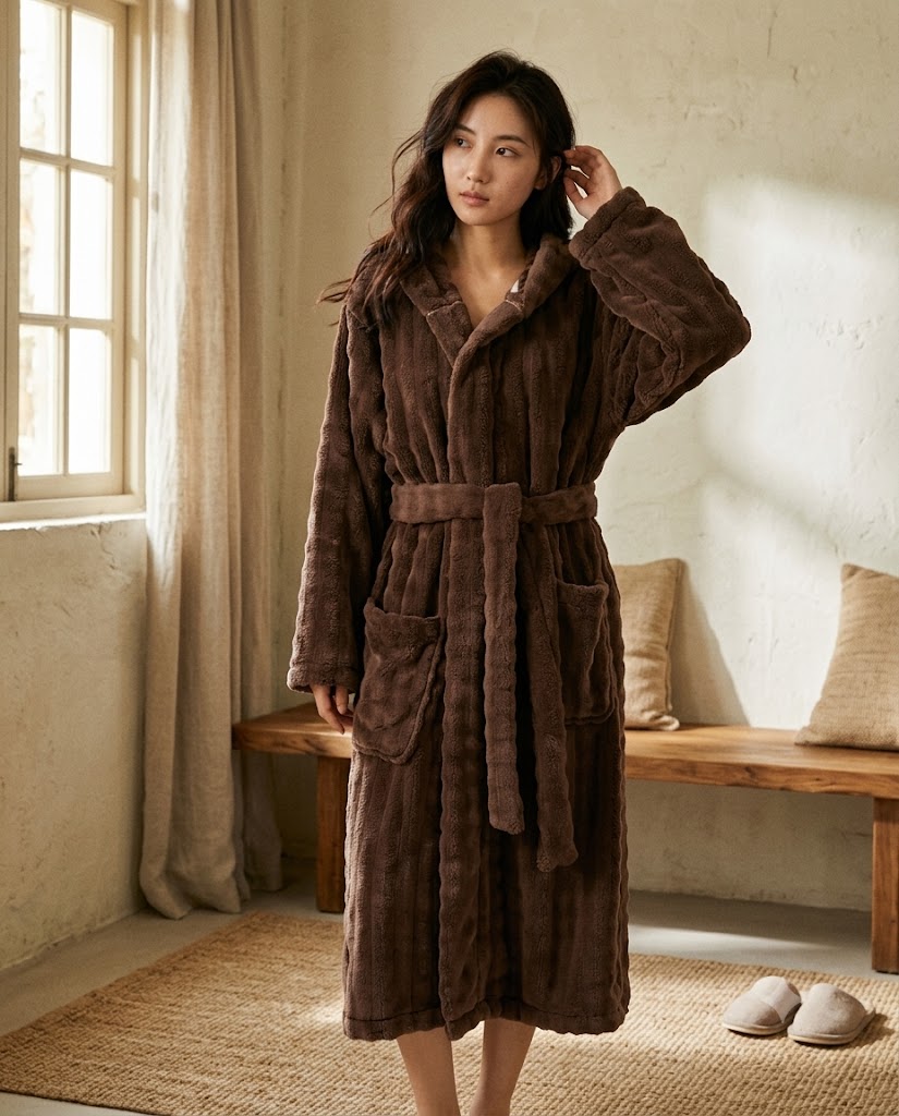 Femme debout en peignoir long polaire brun cacao à capuche, ceinture nouée, peignoir femme Heure Sauvage