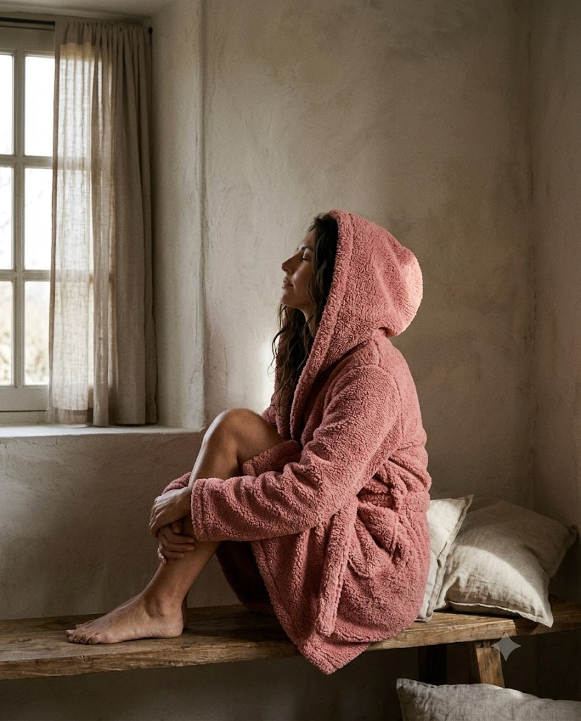 Femme assise capuche relevée en peignoir polaire court rose argile près d'une fenêtre, Heure Sauvage