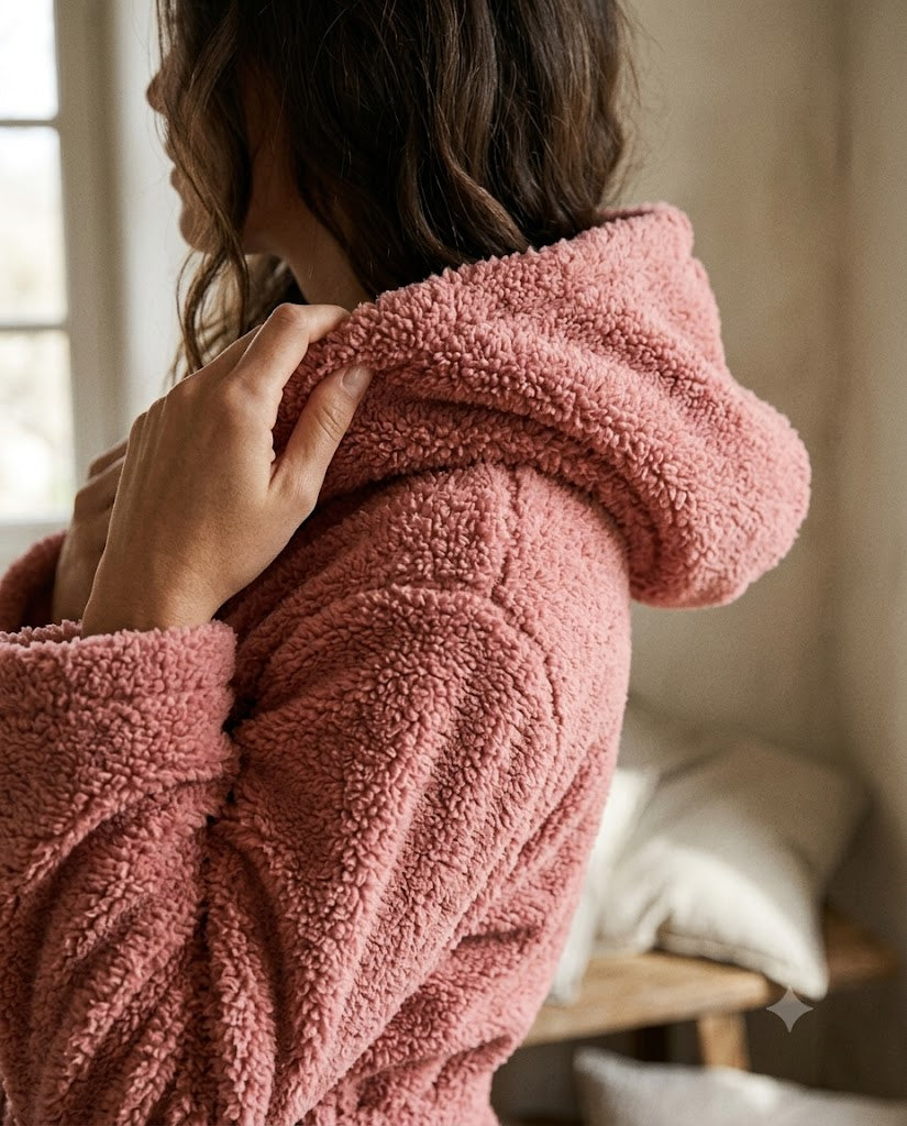 Gros plan peluche polaire bouclée rose argile et capuche, peignoir femme court Heure Sauvage