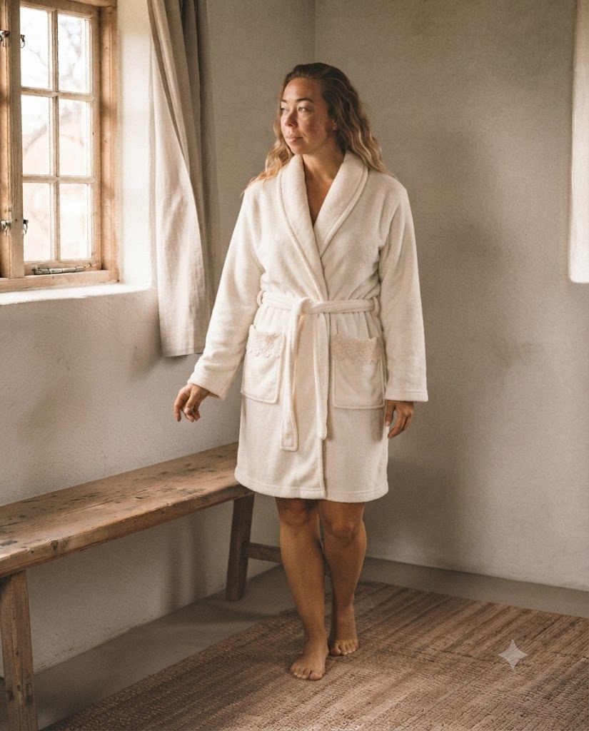 Femme debout en peignoir polaire court à col châle blanc nacre, poches bordées de dentelle, lumière du matin