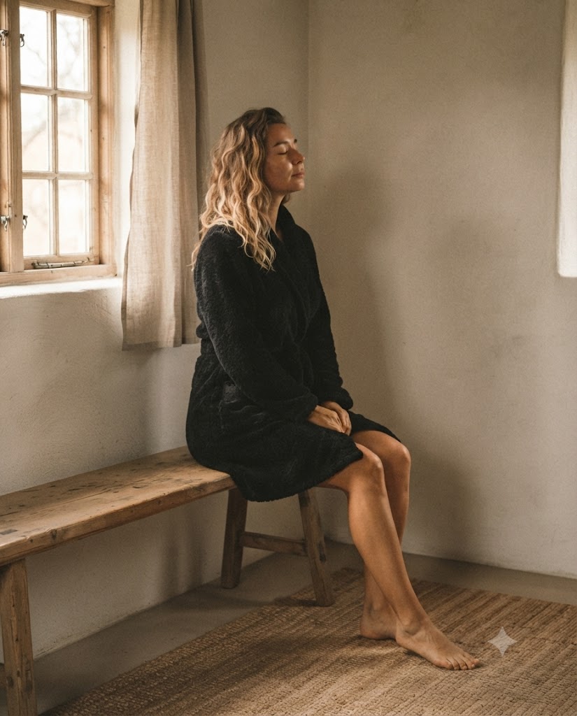 Femme assise sur un banc en bois en peignoir polaire court noir, visage tourné vers la lumière du matin
