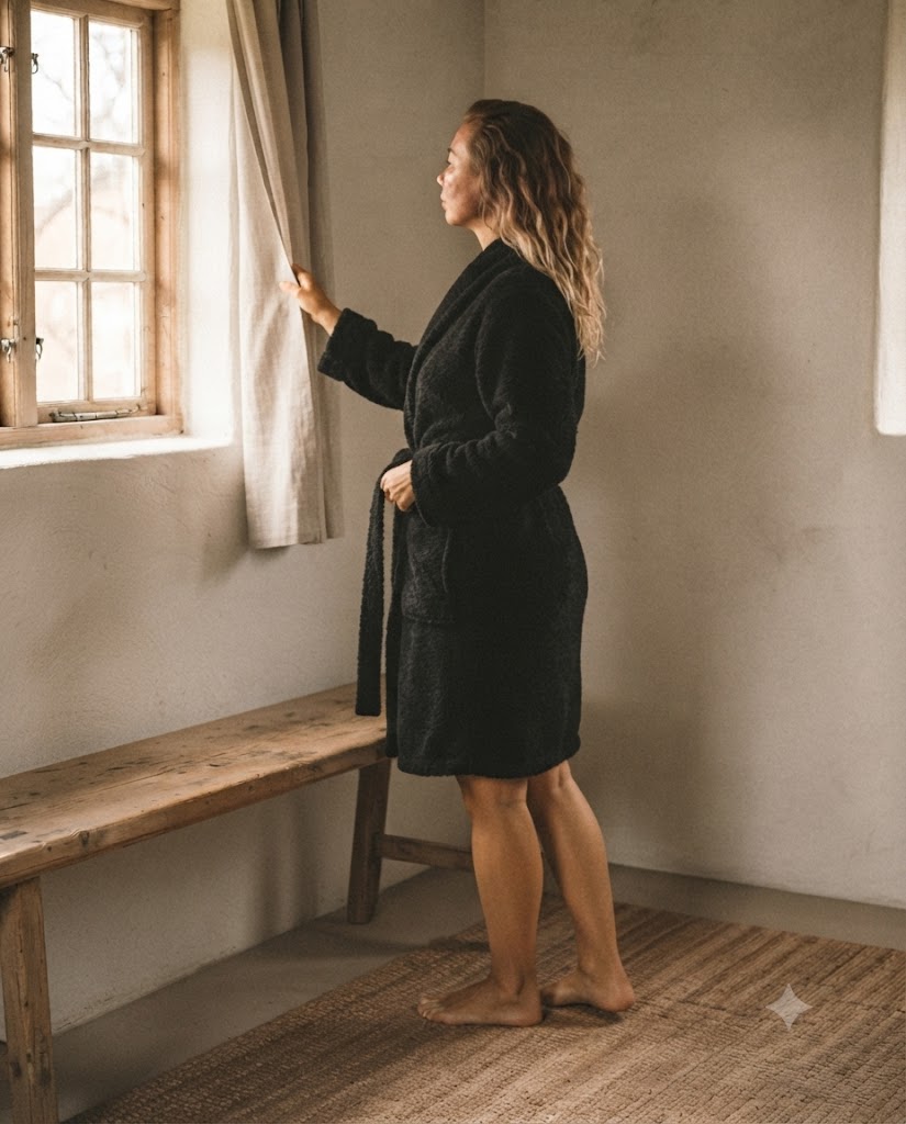 Femme écartant un rideau de lin en peignoir polaire court noir, intérieur aux murs chaulés