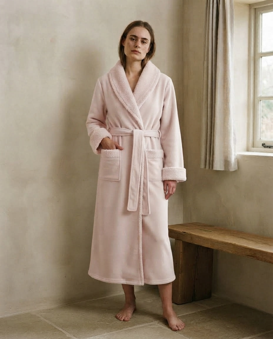 Femme en peignoir long en polaire rose poudre doublé de sherpa, une main dans la poche plaquée