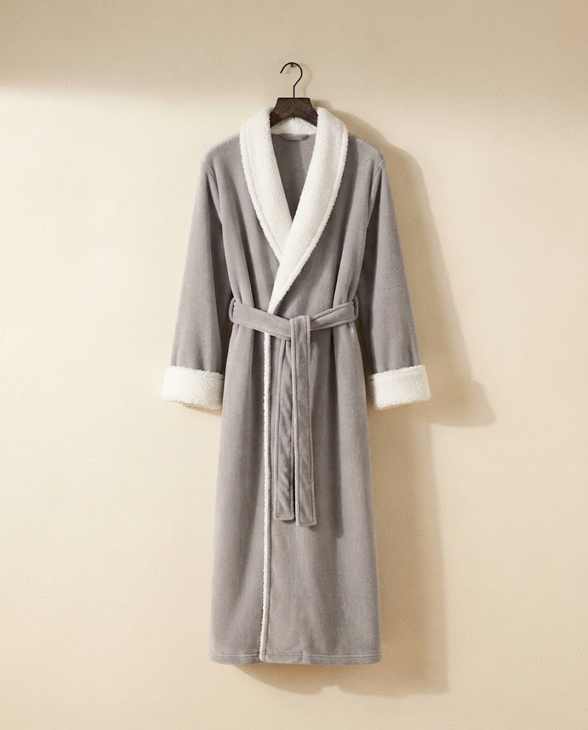 Peignoir long femme en polaire gris brume à col châle sherpa, sur cintre
