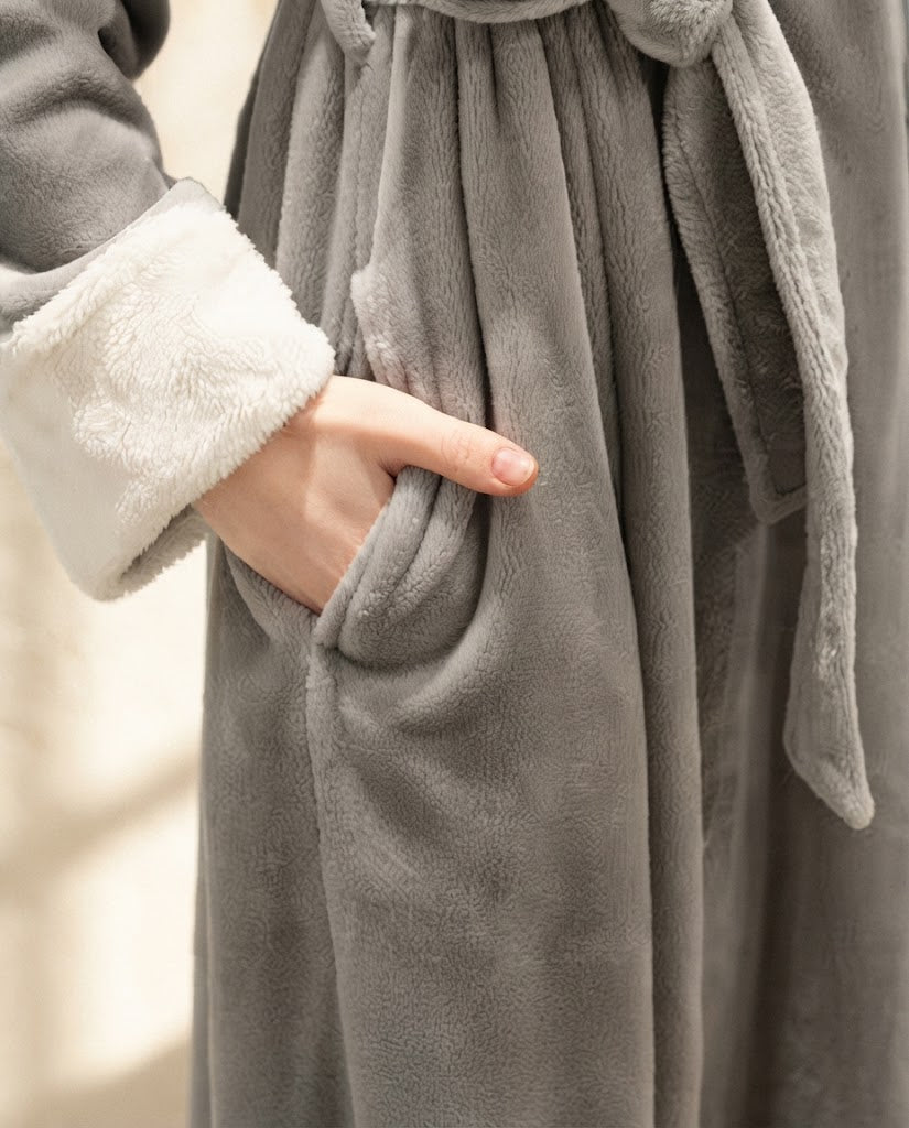 Poche latérale et revers de manche sherpa d'un peignoir femme en polaire gris brume