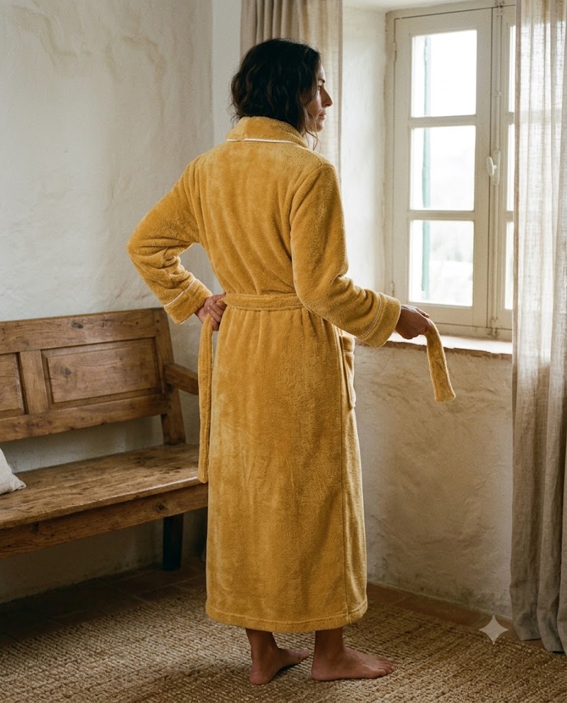Dos d'un peignoir femme polaire jaune miel, col châle et ceinture nouée, longueur cheville, Heure Sauvage