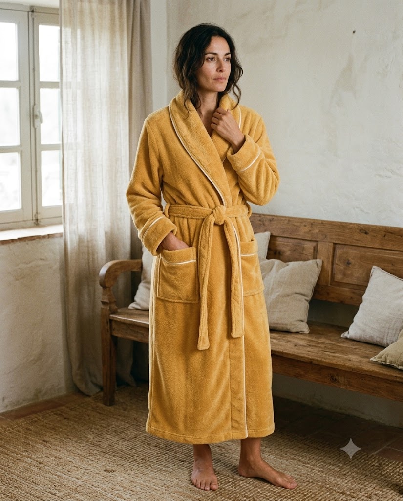 Femme debout en peignoir polaire jaune miel, col châle à lisere blanc et ceinture nouée, peignoir femme Heure Sauvage