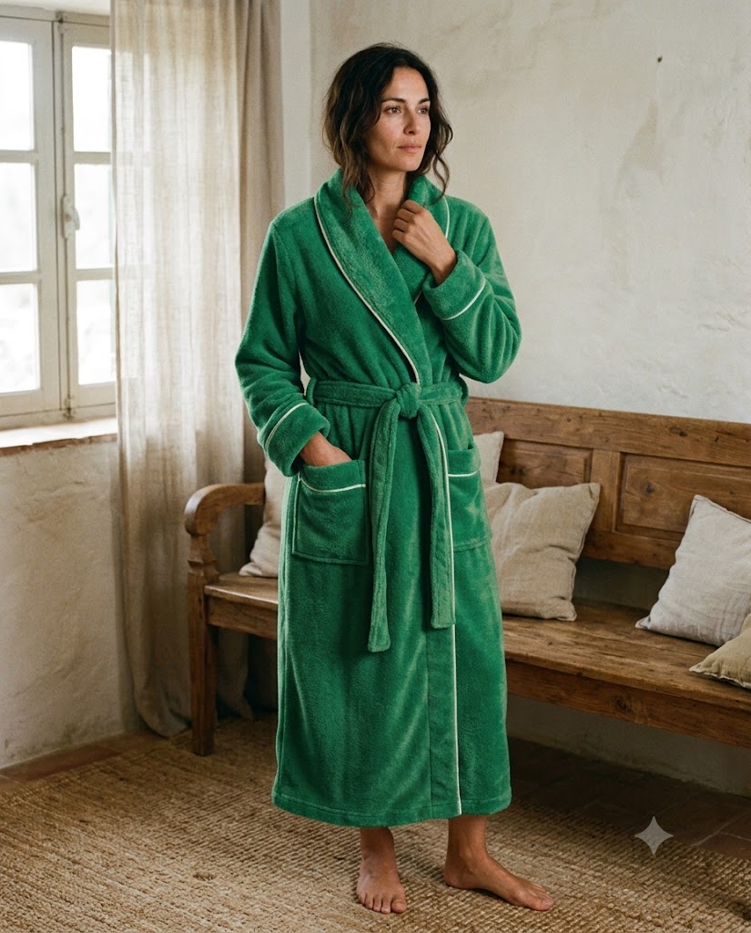 Femme debout en peignoir polaire vert jade, col châle à lisere blanc, peignoir femme Heure Sauvage
