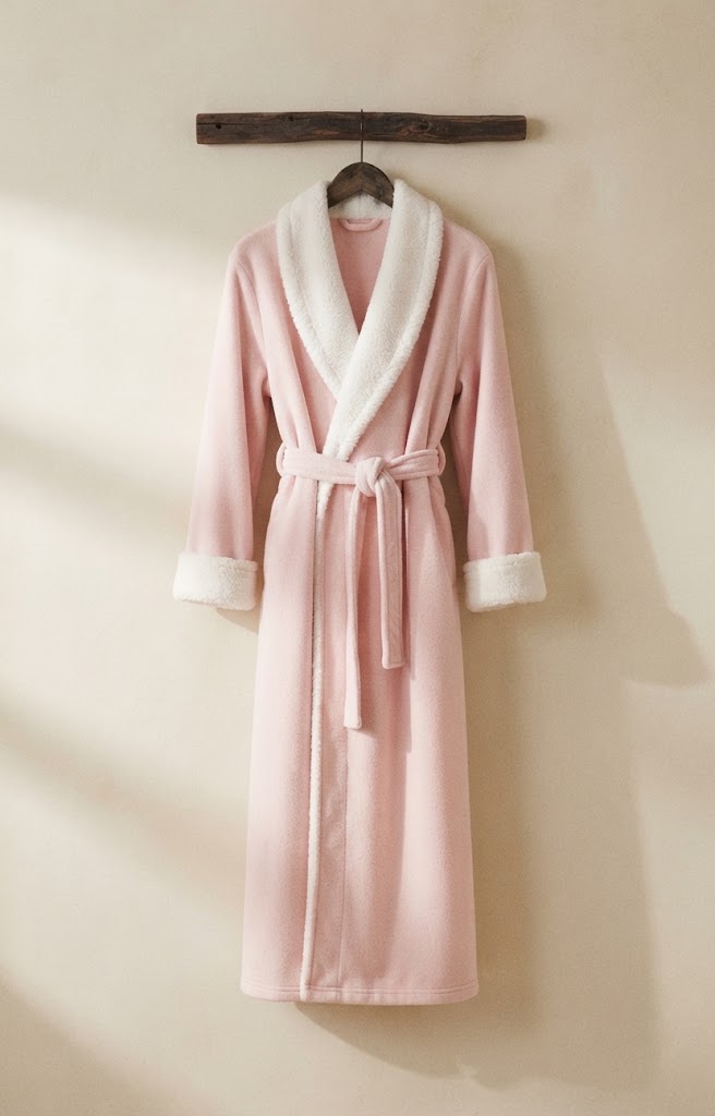 Peignoir long femme en polaire rose poudré à col châle sherpa blanc, sur cintre