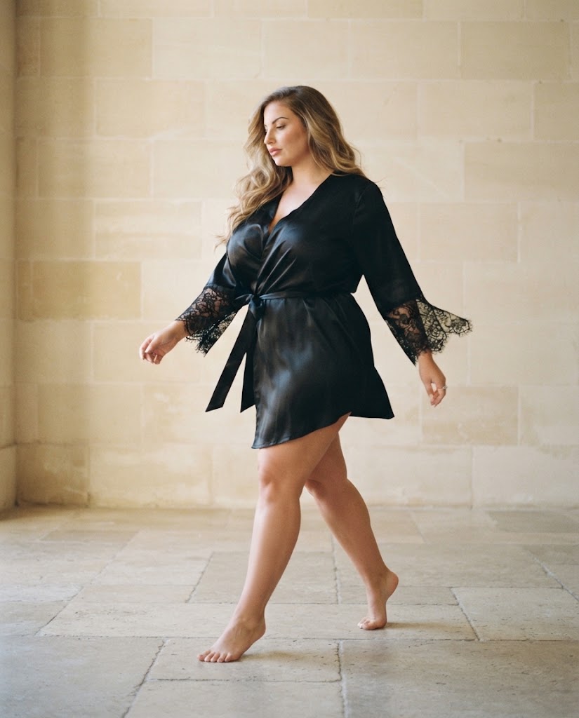 Femme marchant en peignoir court satin noir, dentelle aux poignets, ceinture nouée, mur en pierre claire, Heure Sauvage Image