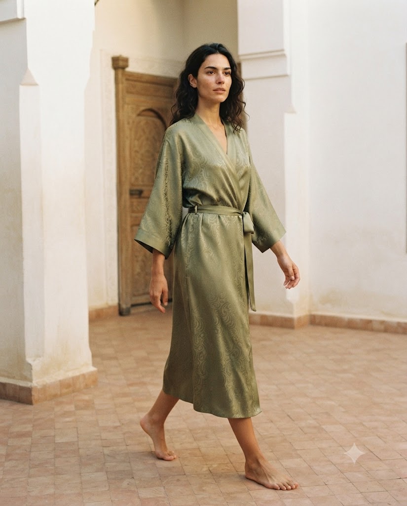 Peignoir femme long en satin jacquard vert olive à motif paisley, coupe kimono, ceinture nouée