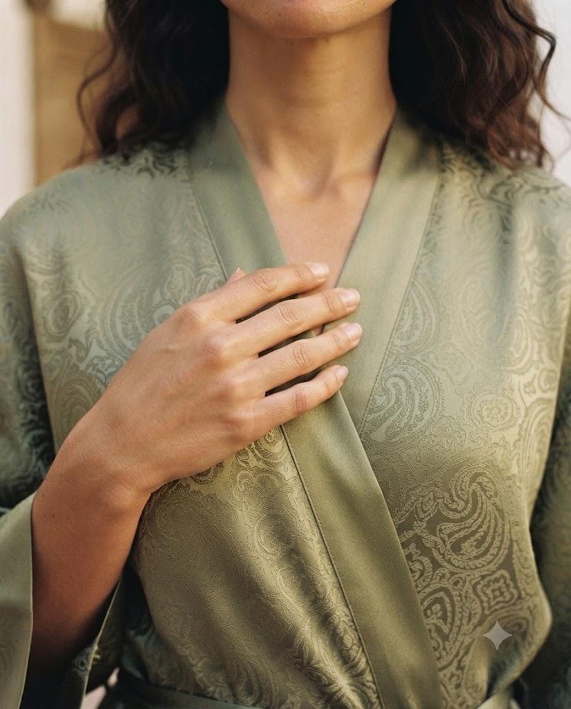 Détail du col croisé d'un peignoir femme en satin jacquard vert olive, motif paisley tissé ton sur ton