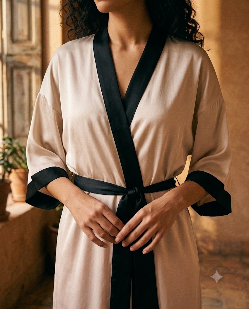 Détail du col kimono et de la ceinture nouée d'un peignoir femme en satin champagne à finitions noires