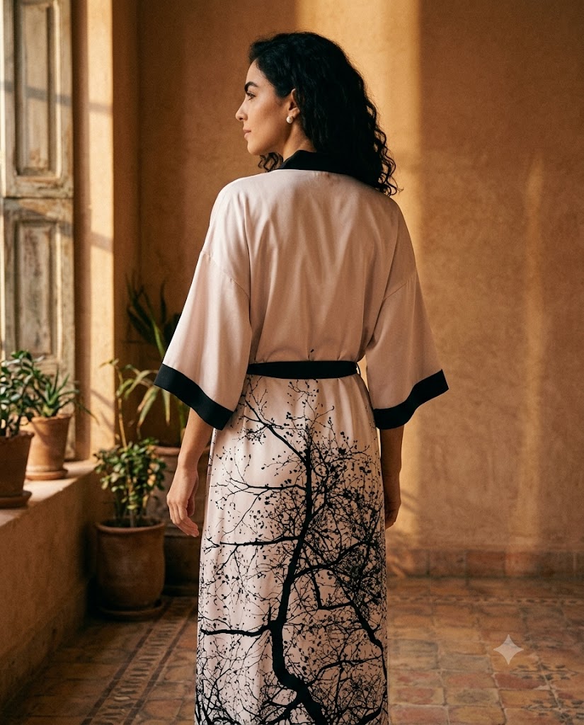 Dos d'un peignoir femme long en satin champagne, imprimé de branches noires montant depuis l'ourlet